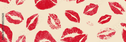 Red lipstick kiss marks covering a cream textured paper surface, creating a playful pattern. Red lipstick kiss marks seamless pattern on textured paper