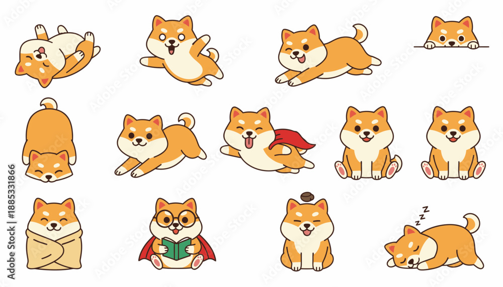 Fototapeta premium Cartoon Shiba Inu dogs in various playful poses and expressions 
