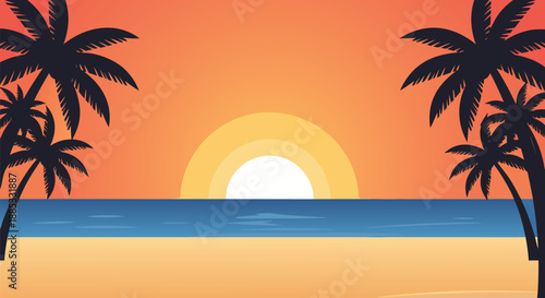 Beautiful sunset over the ocean with palm trees vector illustration, a tropical beach scene at dusk with calm water and warm colors