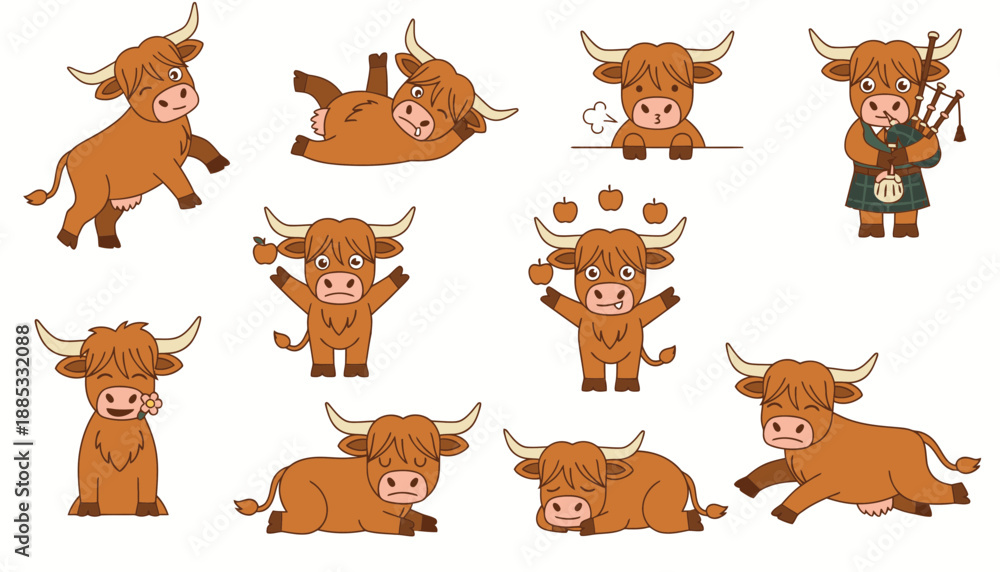 Obraz premium Cute cartoon highland cows in various playful poses and activities 