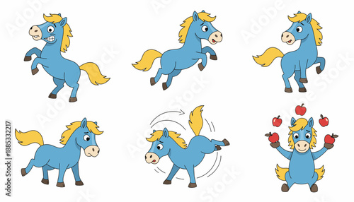 Cartoon blue horse performing various playful actions with apples  
