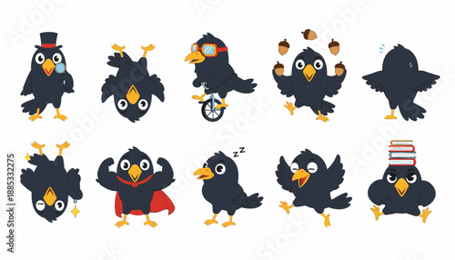 Playful cartoon birds in various poses and activities on white background  