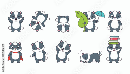 Cute cartoon badgers in various poses and activities  