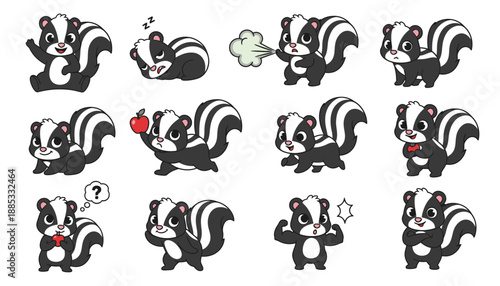 Cartoon skunks expressing various emotions and actions in playful poses  