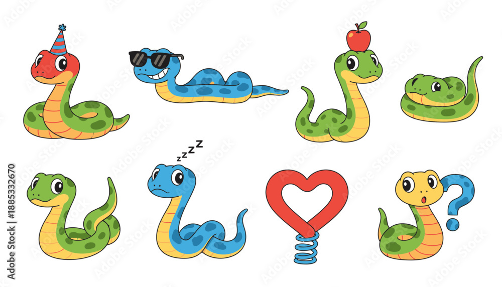 Obraz premium Cute cartoon snakes with various expressions and accessories 