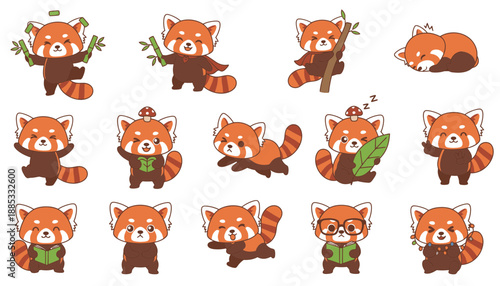 Cute red panda characters in various playful poses and expressions  