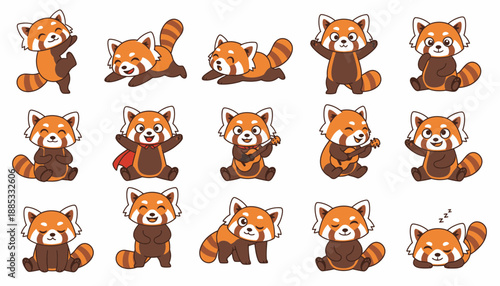 Cute cartoon red pandas in various poses and expressions  