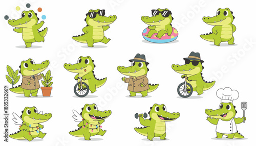 Cartoon crocodile character in various poses and activities  
