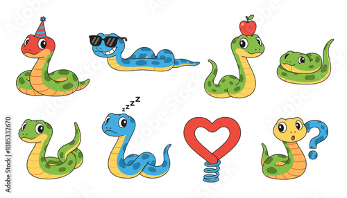 Cute cartoon snakes with various expressions and accessories  
