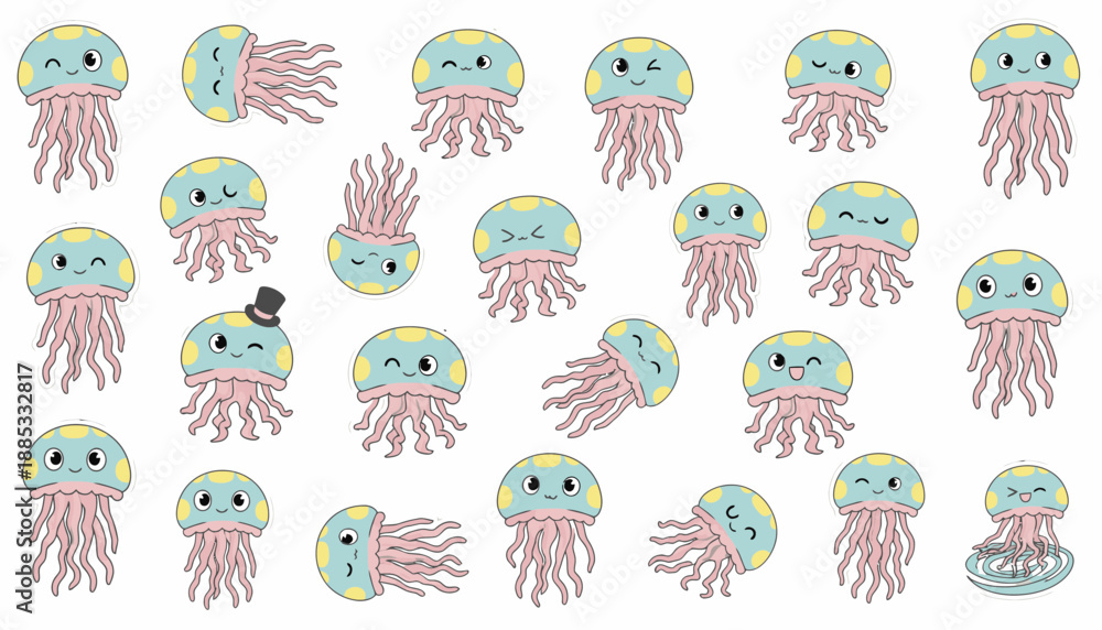 Fototapeta premium Colorful jellyfish with various expressions in playful cartoon style 