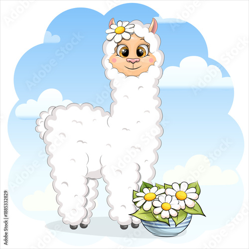 Cute cartoon Llama with flower pot. Vector illustration of animal on blue background with clouds.