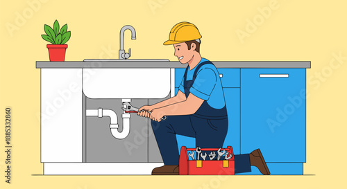 Plumber Fixing Sink Pipes Vector Illustration in Kitchen Setting