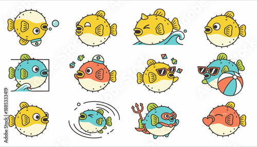 Cute cartoon pufferfish characters expressing various emotions and actions  