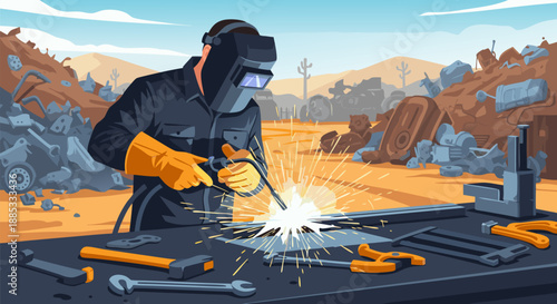 Vector illustration of a welder working on metal with sparks flying at a scrap yard during daytime
