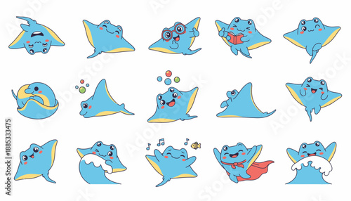 Cute cartoon stingrays expressing various emotions and actions  