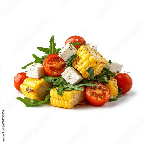 Grilled corn salad with feta cheese and cherry tomatoes, fresh summer side dish