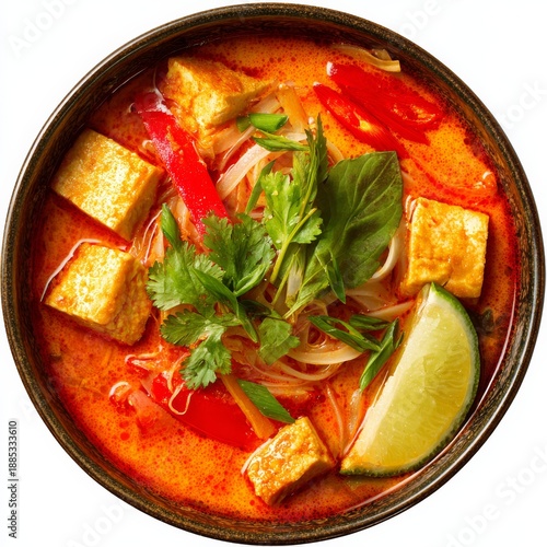 Thai red curry noodles with tofu and lime, spicy Asian soup in a bowl