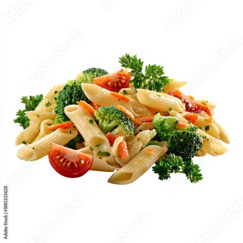 Pasta primavera with seasonal vegetables and olive oil, healthy Italian meal
