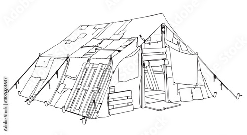 Sketch of a sturdy camping tent set up in a forest camp, showcasing shelter, ropes and gear for an outdoor adventure.