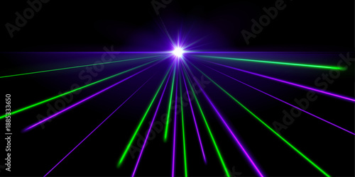 Vibrant multi-colored laser beams cross a dark background, creating a dazzling disco effect. Perfect for party posters, digital art, or futuristic designs. Adds energy, motion, and luminous depth.