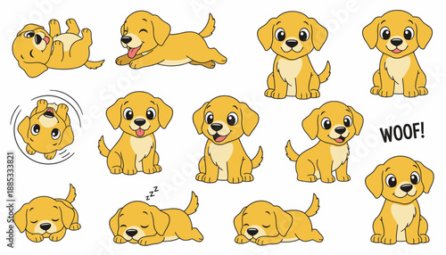 Cartoon cute yellow puppies expressing various playful emotions  