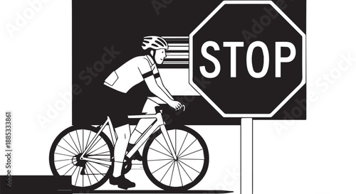 Cyclist on a road bicycle approaches a stop sign in a bold black and white silhouette.
