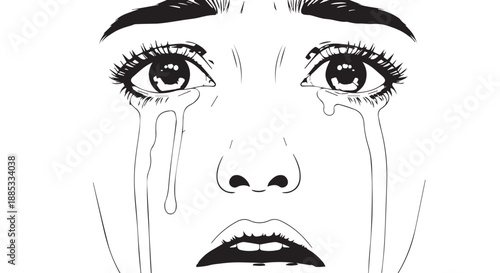 Expressive black and white illustration of a crying face conveying sadness and distress.