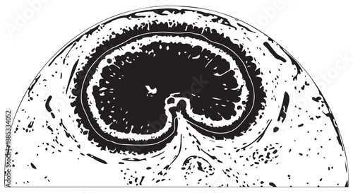 Abstract monochrome cross section medical illustration resembling a circular organ slice.