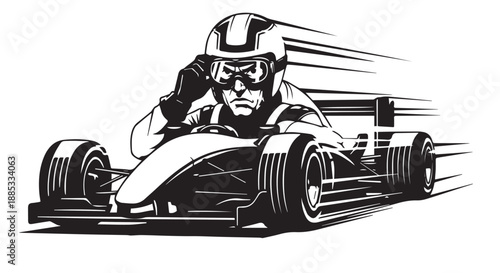 Monochrome illustration of a fast Formula race car in motion with a focused driver.