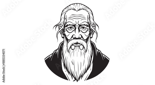 Illustrated portrait of an elderly bearded man with a thoughtful gaze.