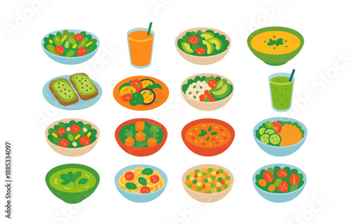 Colorful flat style healthy dishes and beverages collection with soups, salads, and smoothies