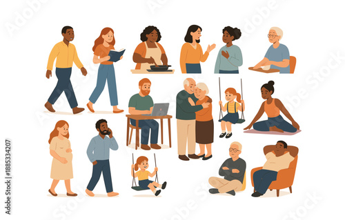 Diverse everyday activities: family, home, technology, cooking, yoga, and relaxation