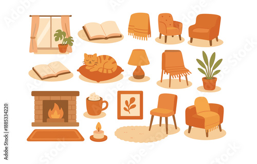 Cozy home elements collection with warm tones and comfortable furniture