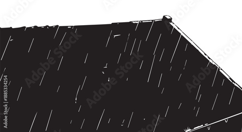 Close-up of dark rooftop under heavy rain with diagonal streaks and droplets.