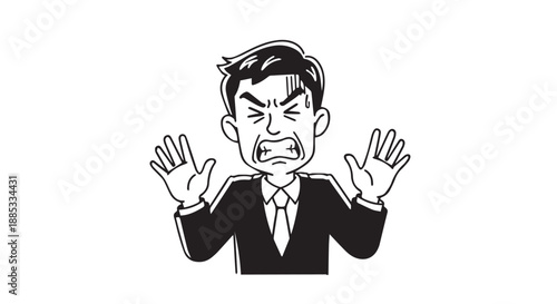 Angry businessman in a suit raises hands in a confrontational cartoon illustration.