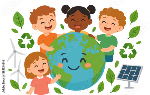 Diverse kids surrounding earth with eco-friendship smiles and renewable symbols