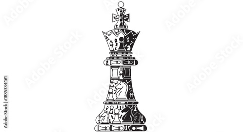 Intricate black and white chess queen illustration with detailed mosaic pattern.