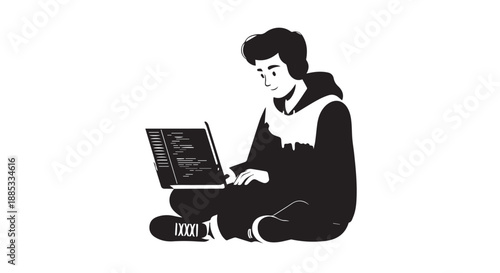 Person Working on Laptop in Relaxed Indoor Illustration.