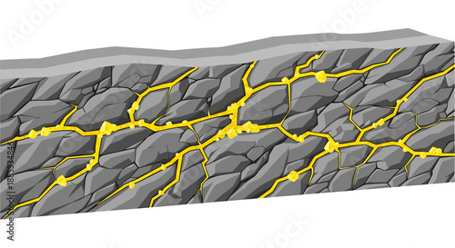 Illustration of mineral veins, possibly gold, embedded within fractured rock formations underground.