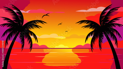A vibrant vector graphic illustration of a tropical sunset with palm trees and birds in flight