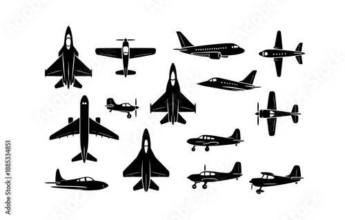 Silhouette aircraft collection: diverse airplane designs in a simple black style
