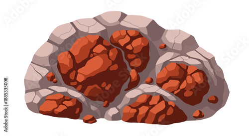 Illustration of a rock formation with reddish-brown mineral deposits embedded in grey cracked stone.