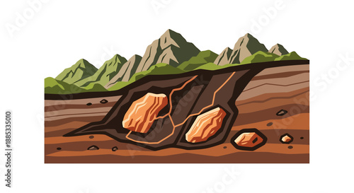 A cross-section view of earth showing mountains and underground mineral deposits.