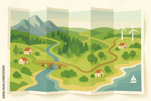 Folded map with scenic landscape featuring hills, wind turbines, and river