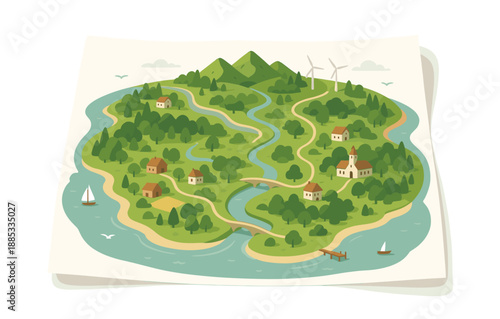 Detailed map of idyllic island with lush mountains, windmills, and coastal villages