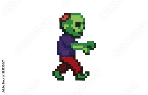 Retro pixel art zombie character with green skin and red pants