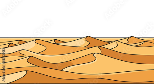A stylized illustration of a vast desert landscape with numerous rolling sand dunes under a clear sky.