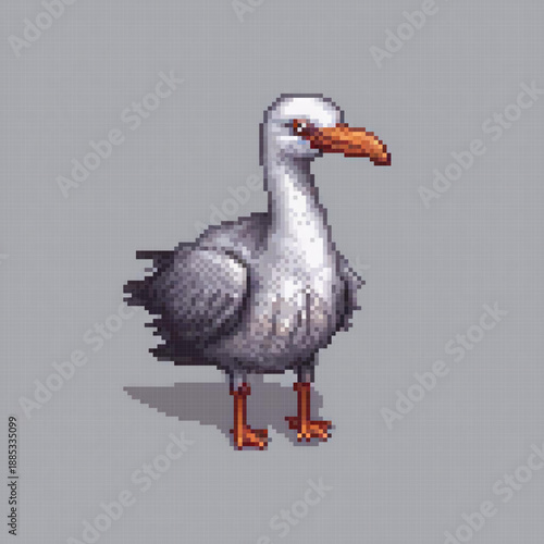 A pixel art image of a seagull with a menacing expression, standing on a grey background.