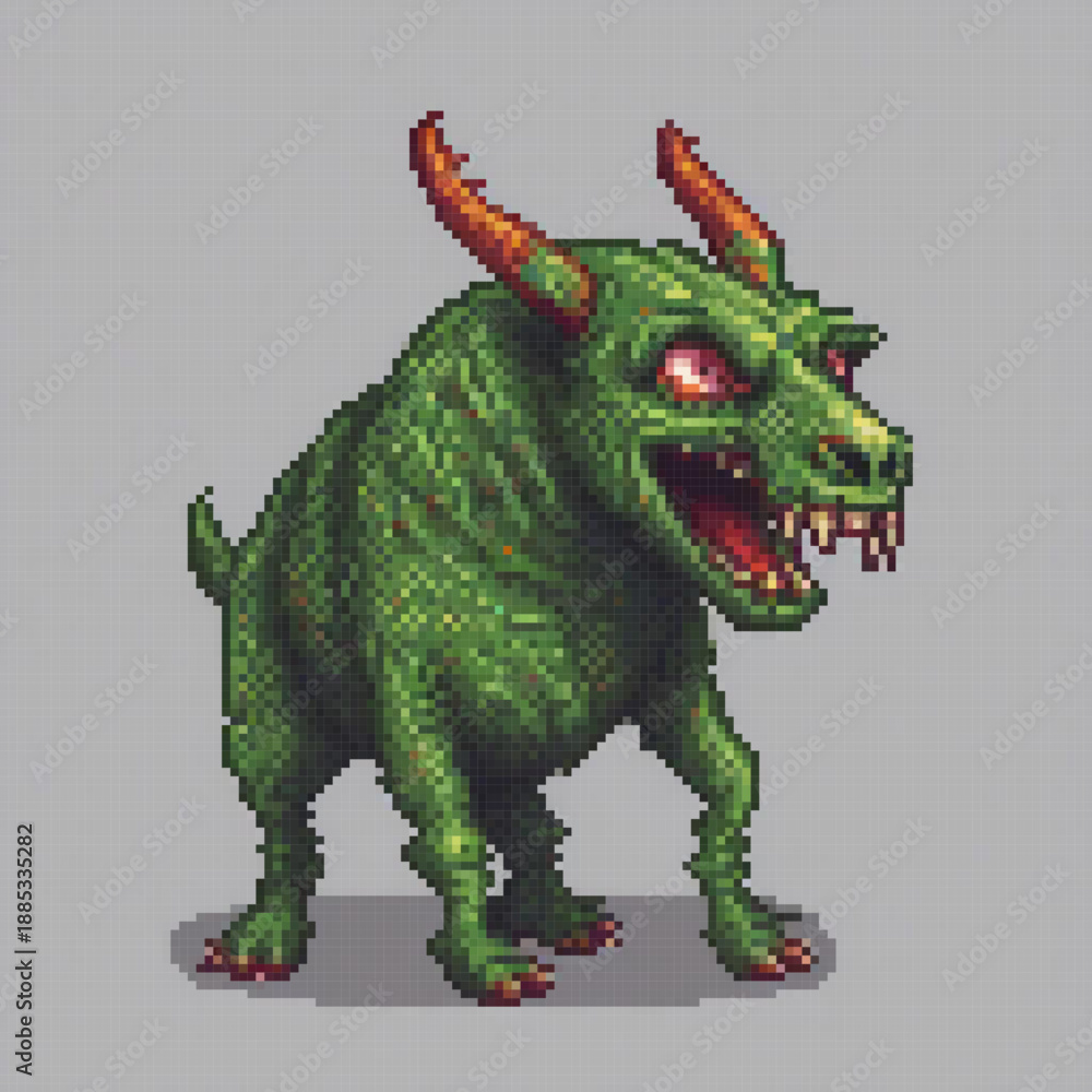 Fototapeta premium A pixel art image of a green, horned creature with red eyes and teeth, standing in a grey background.