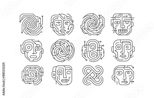 Abstract linear tech faces with circuit patterns in geometric design